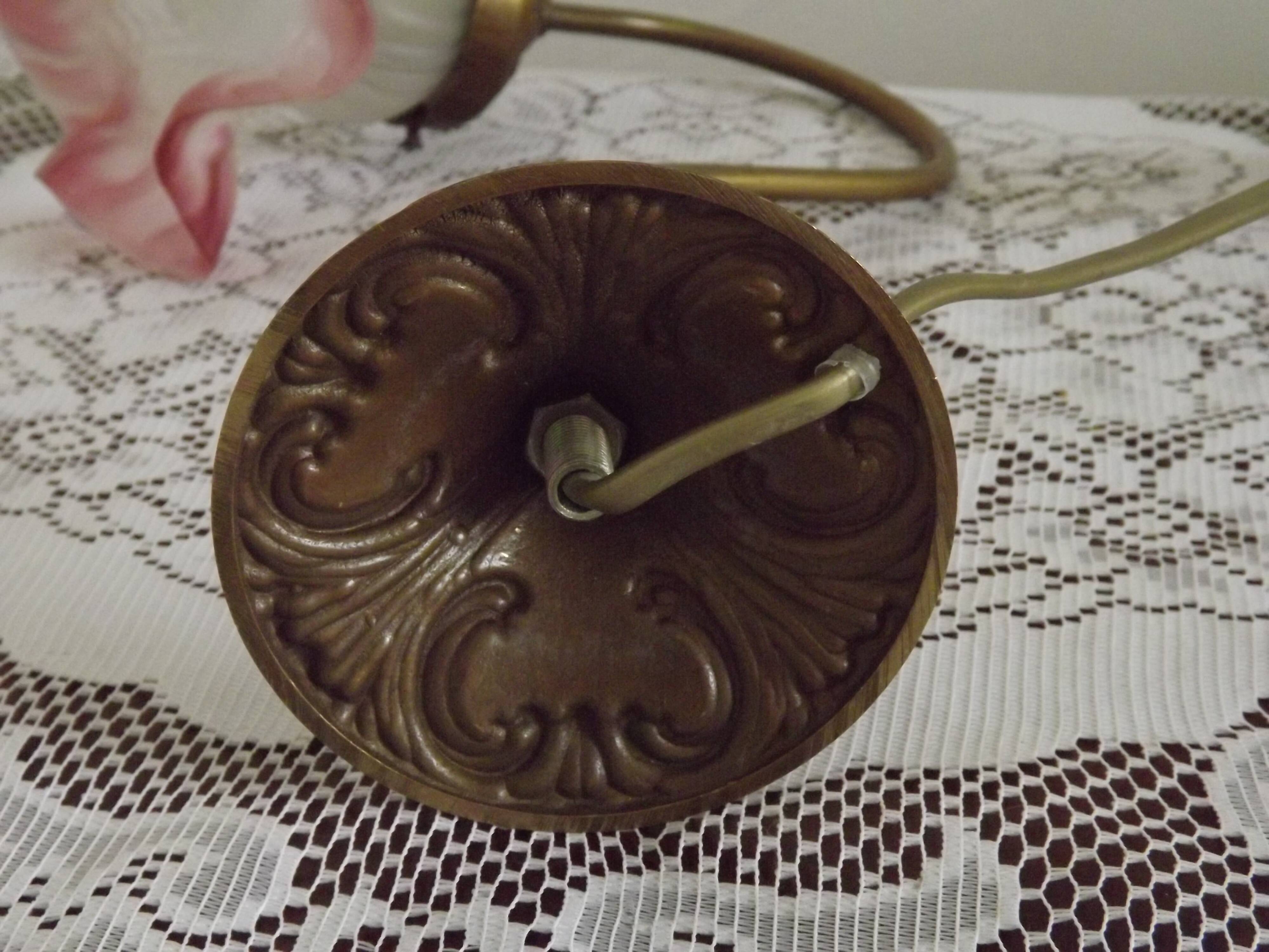 French Art Nouveau Brass Goose Neck Table Lamp White & Pink Glass Shade