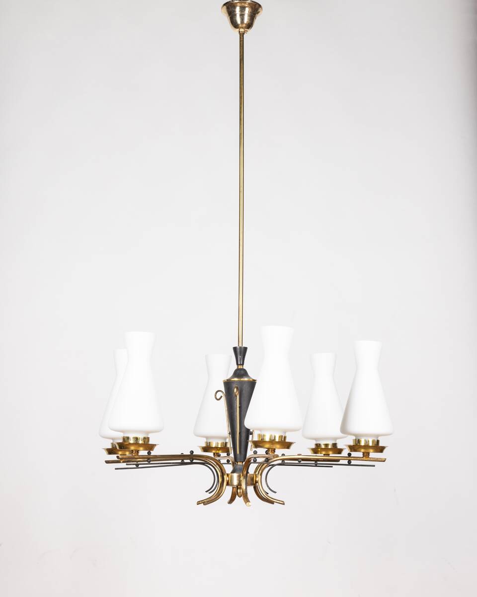 VINTAGE 50'S CHANDELIER IN BRASS AND GLASS ITALIAN DESIGN