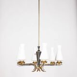 VINTAGE 50'S CHANDELIER IN BRASS AND GLASS ITALIAN DESIGN