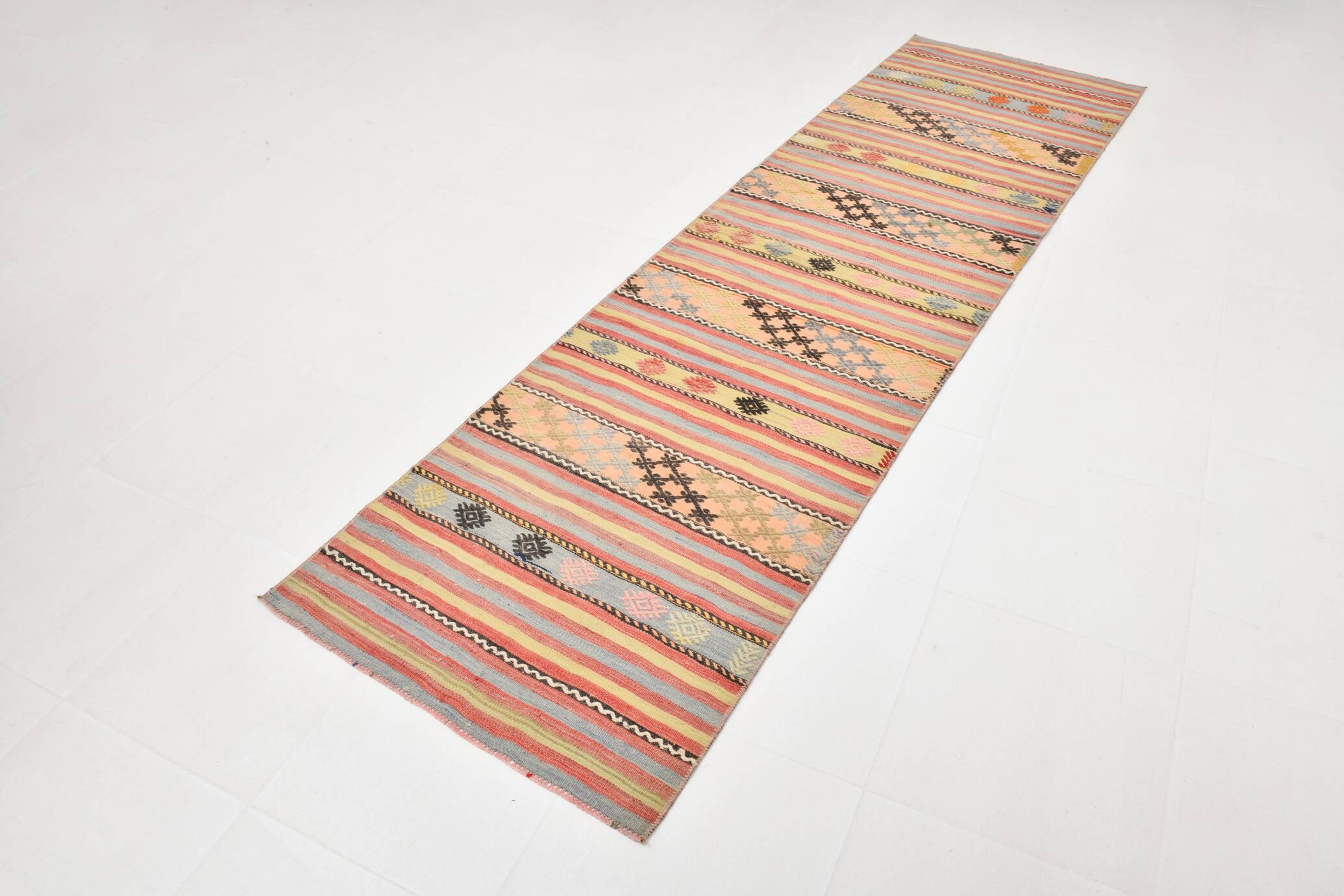 3x0 Blush Pink & Blue Striped Vintage Kilim Runner, Rugs For Bohemian Entry