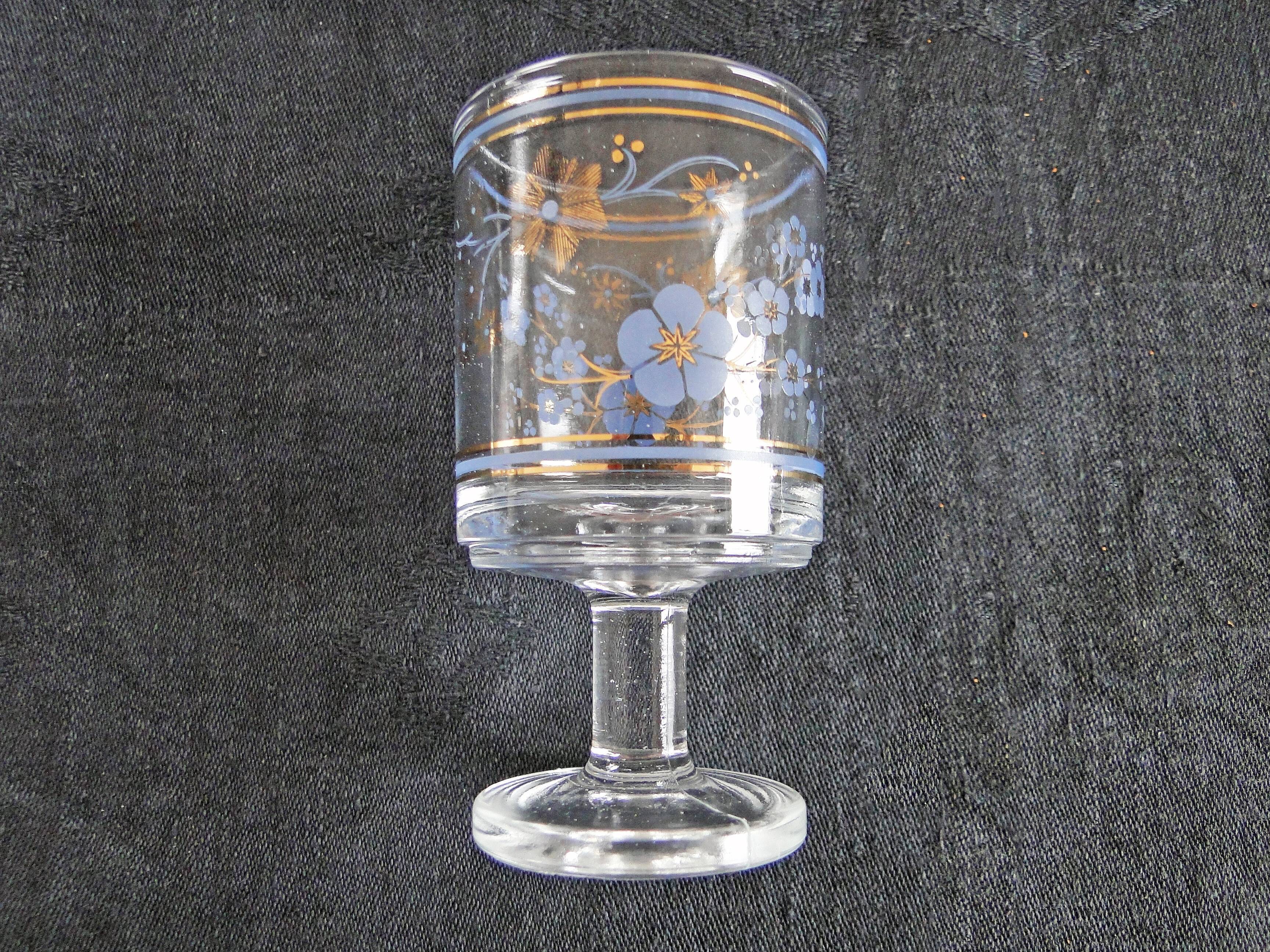 5 old glasses on foot floral decoration blue and gold vintage crystal?