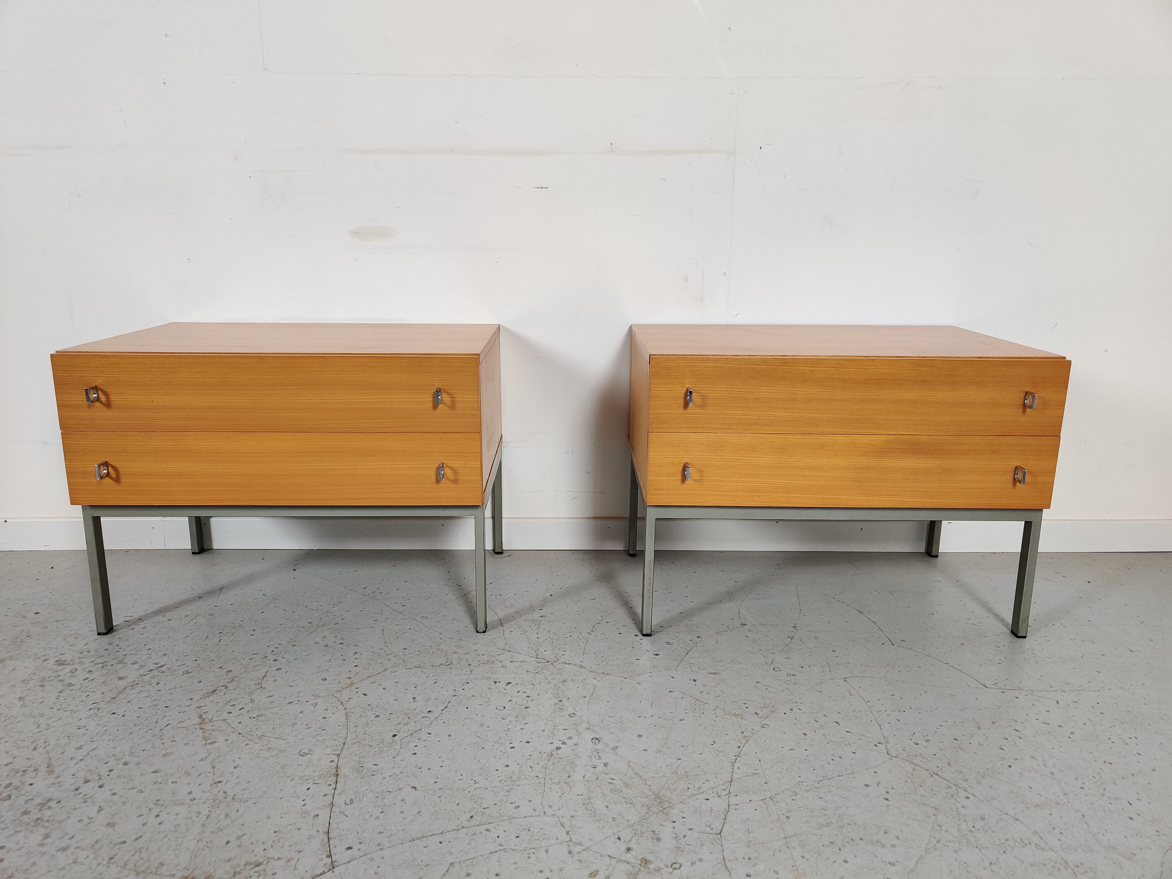 Pair of Scandinavian bedside tables, wood and metal 60s