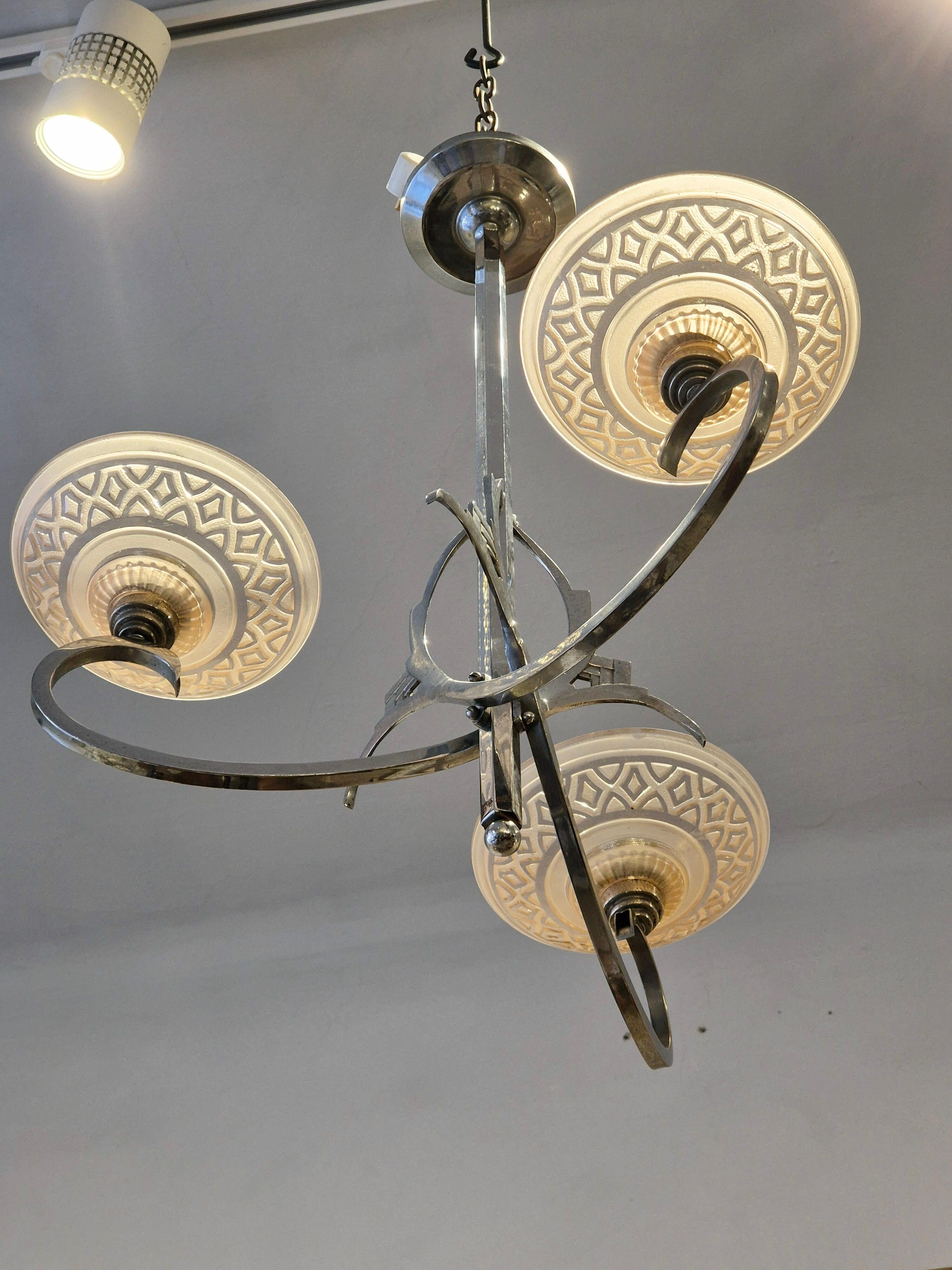 French chandelier, with pink glass shades, Art Deco