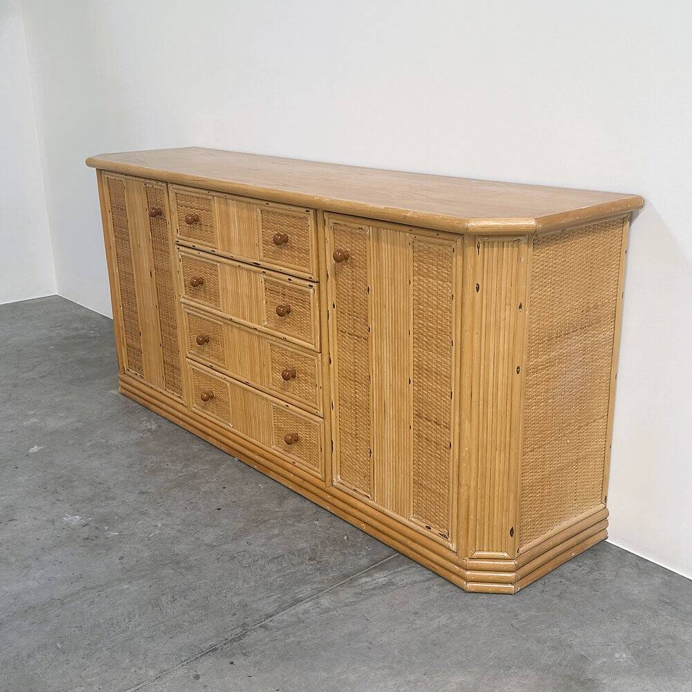 Large coastal rattan and bamboo sideboard credenza, 1980s