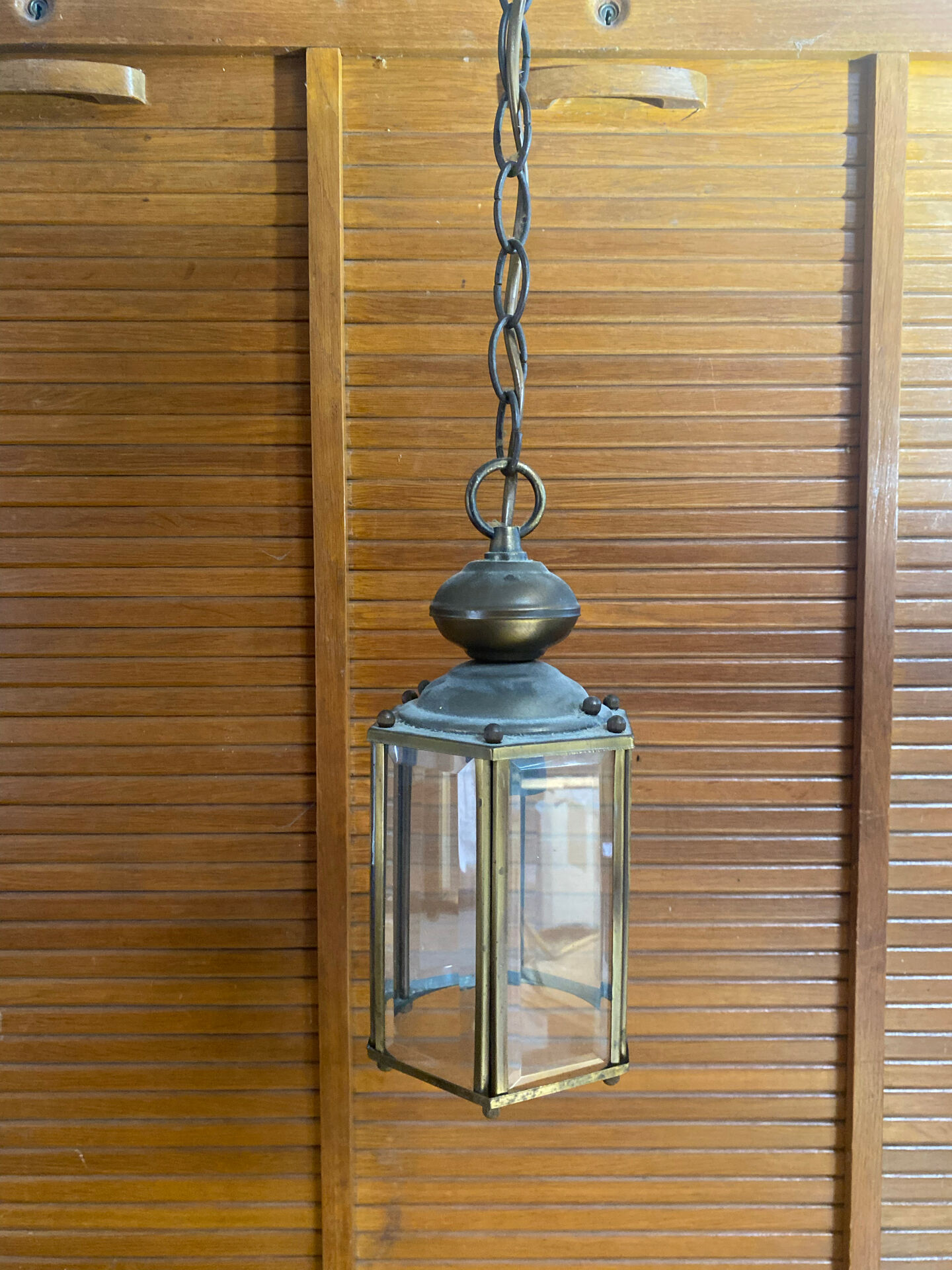 Antique Vestibule Lantern Suspension Brass + Bevelled Glass Vintage