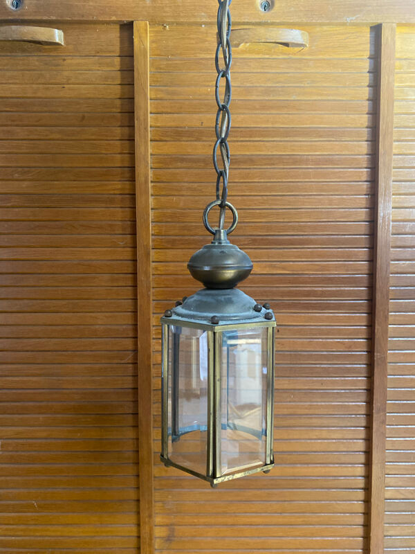 Suspension Ancienne Lanterne De Vestibule Laiton + Verre Biseauté Vint