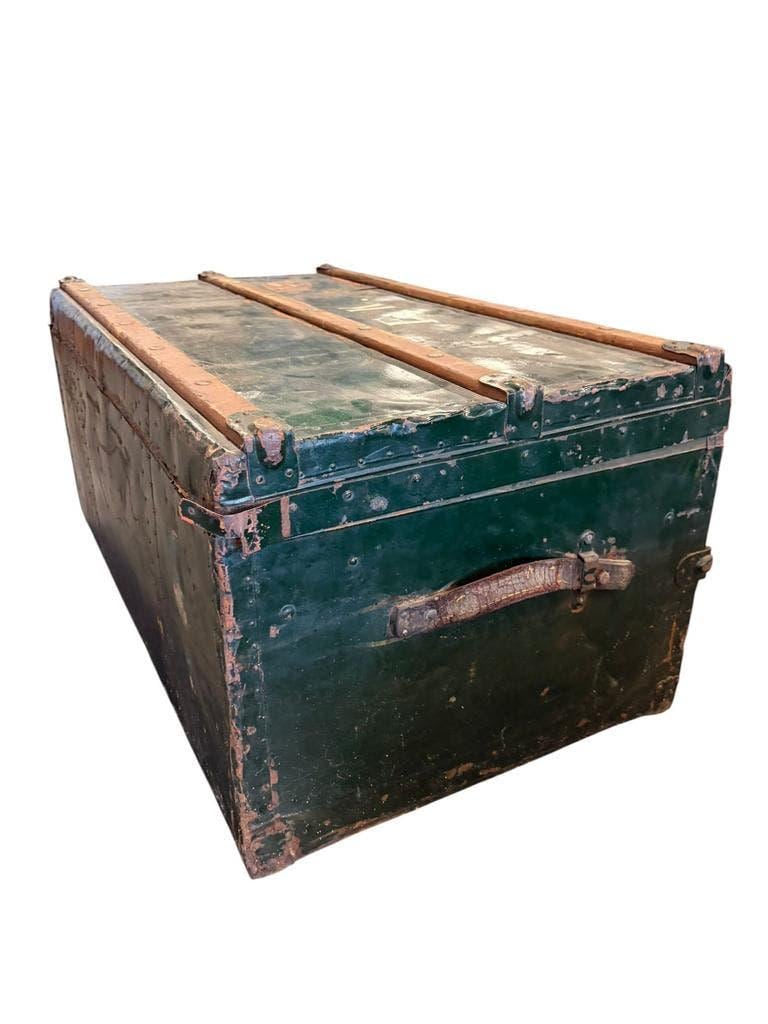 XL vintage green metal industrial trunk / travel trunk