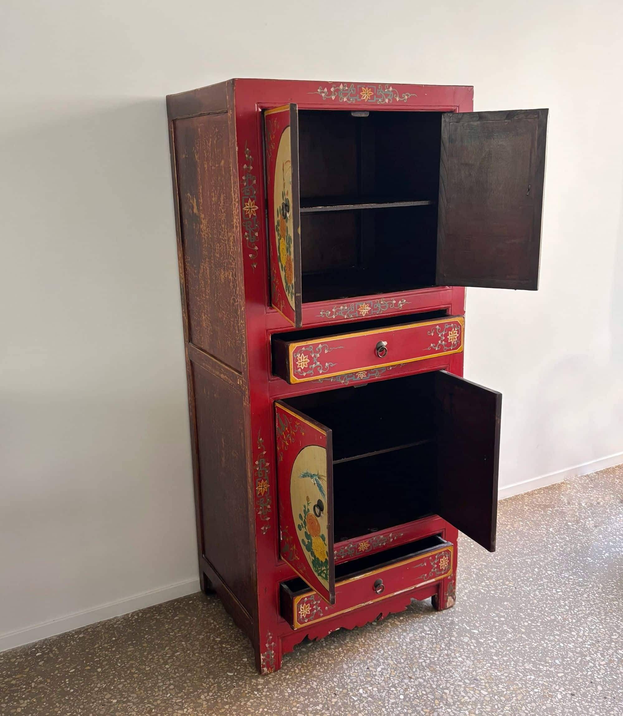 Chinoiserie, Asian wooden cabinet, painted with decor of flowers and birds