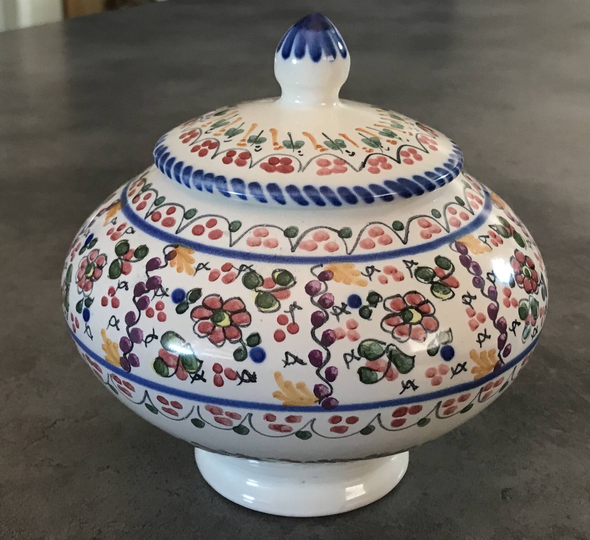 Jar, candy dish in enamelled ceramic with hand-painted decoration by p.arzobispo