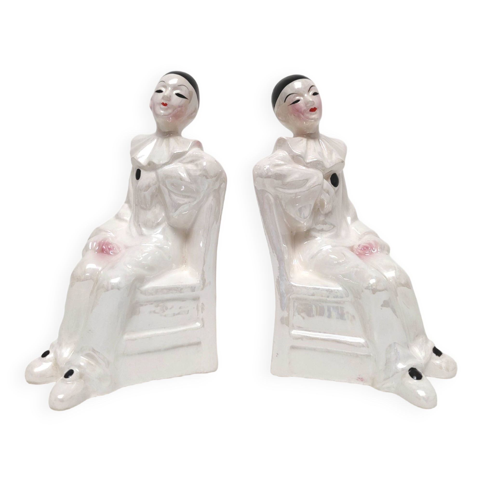 Pair of earthenware bookends Pierrot made in Holland 1970
