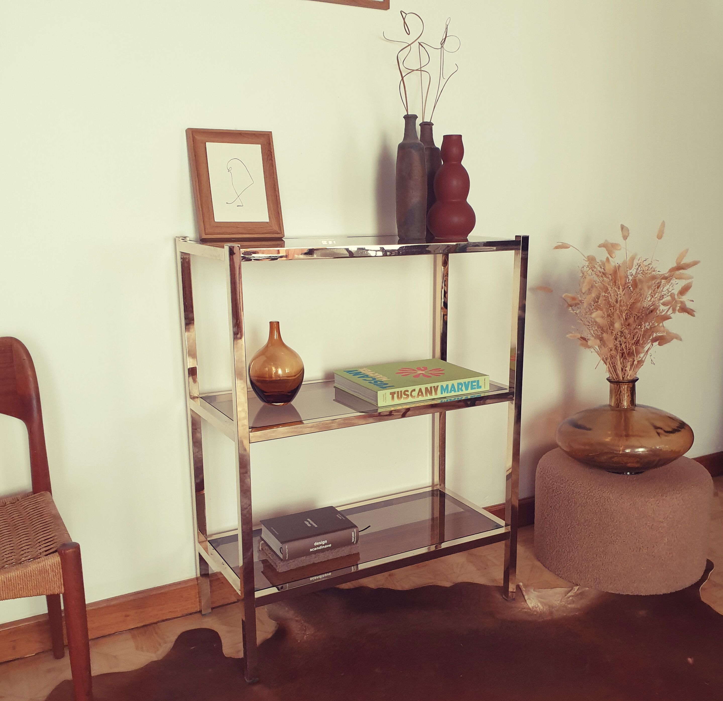 Bookcase furniture gilded and smoked glass vintage 70s Rochebobois