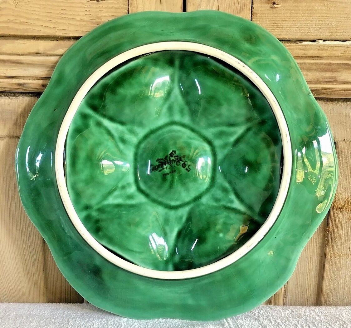 7 old oyster plates Sarreguemines green slurry