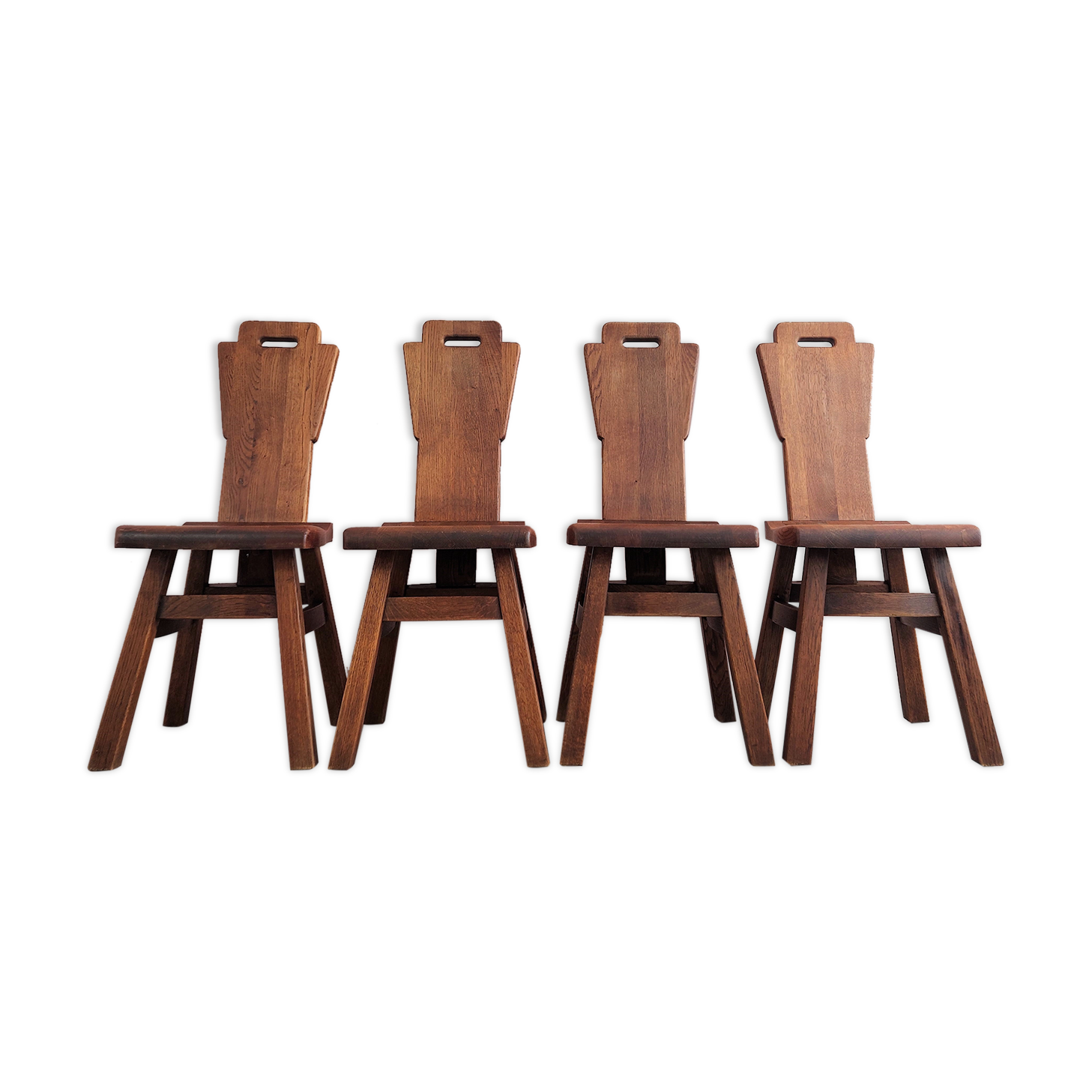 Set of 4 Belgian Brutalist Oak Dining Chairs.