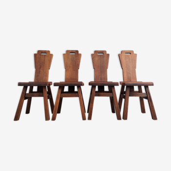 Set of 4 Belgian Brutalist Oak Dining Chairs.