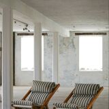Mid-century dining/lounge chairs in pine and striped cotton canvas, Denmark, 1970s.