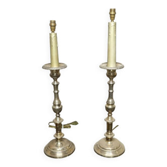 Paire de lampe bougeoir métal argentée