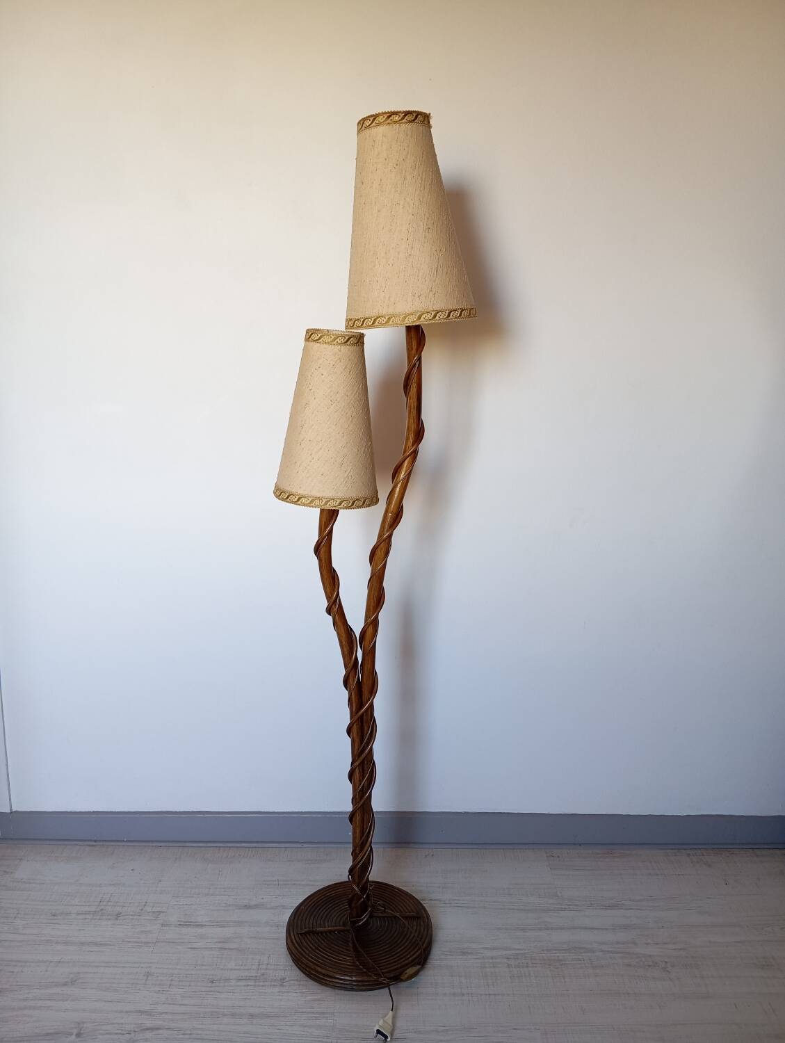 Louis Sognot rattan and bamboo floor lamp