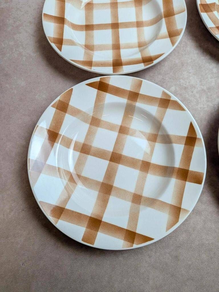 Set of 6 vintage deep plates Moulin des Loups – Checkered pattern