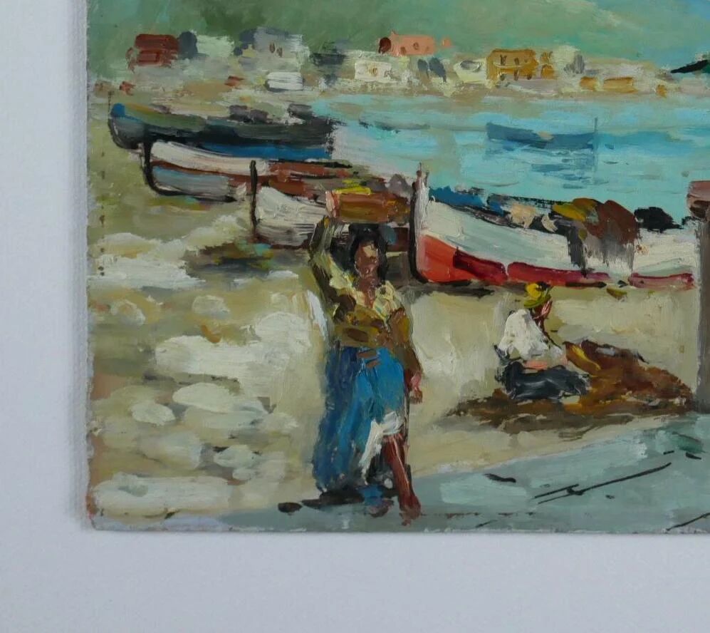At the market by the port. Small painting signed Guglielmo Curti.