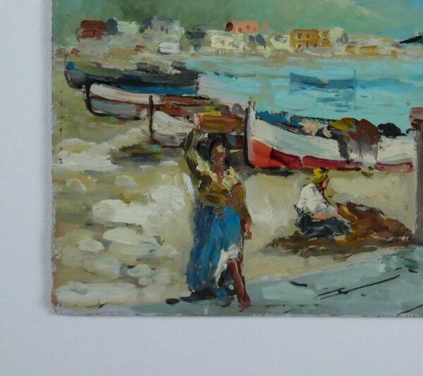 Au marché sur le port. Petit tableau signé Guglielmo Curti.