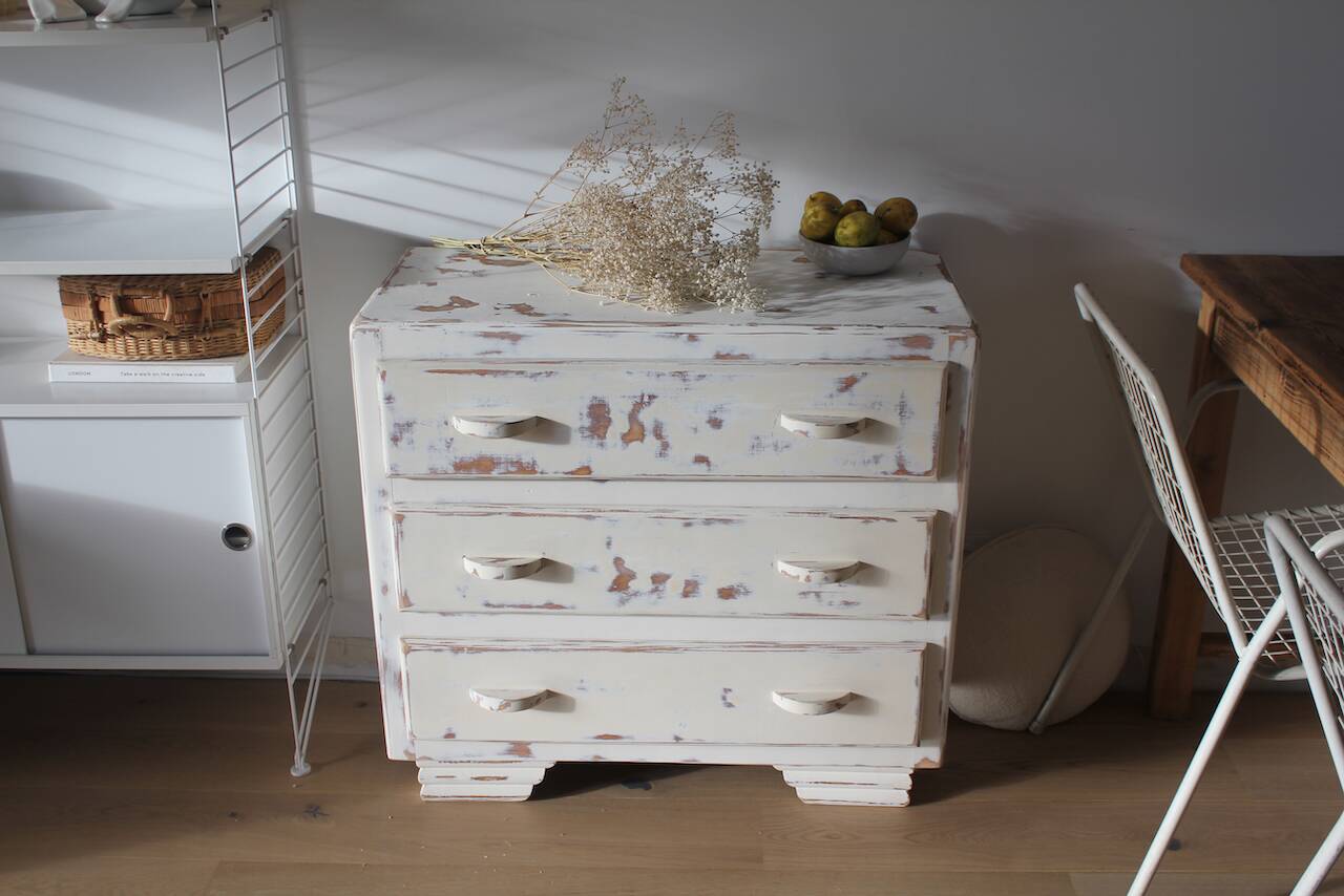 Small patinated art deco chest of drawers
