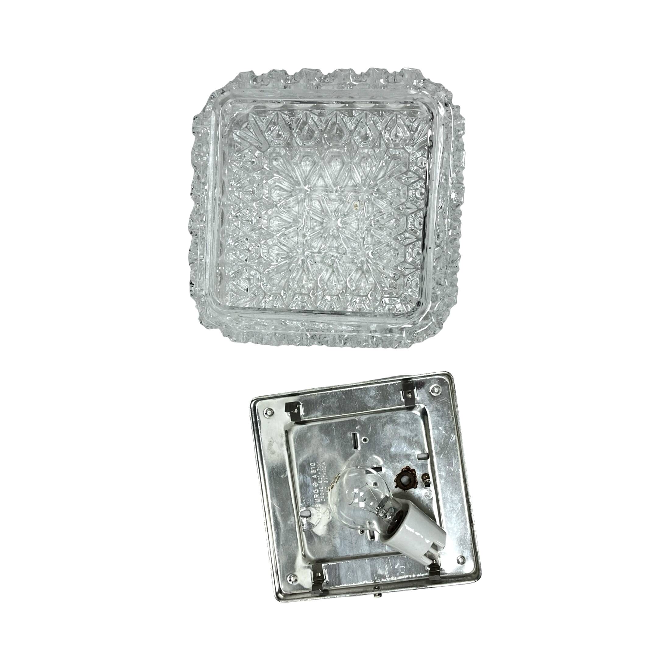 Vintage square Limburg flush-mount light, model A670, 1970s, ice glass.