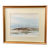 Signed watercolor painting of seaside landscape with seagulls