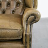 Moss green cow leather Chesterfield wingback armchair in English style
