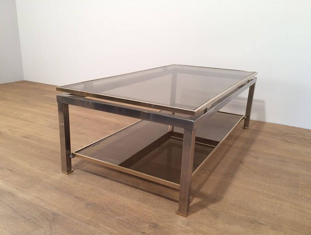 Coffee Table with Double Top in Brushed Steel and Brass, Guy Lefèvre for Ma