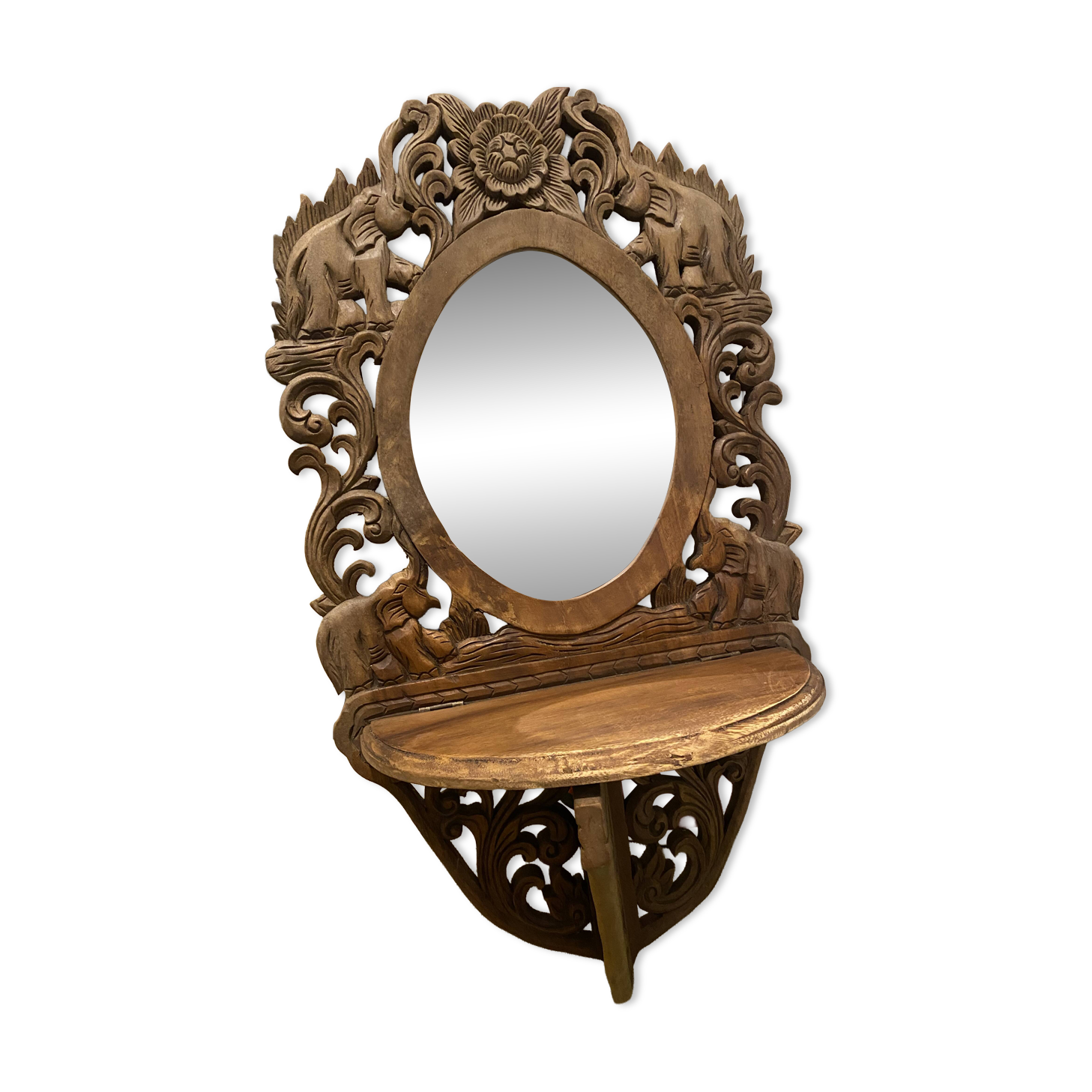Carved mirror with integrated shelf