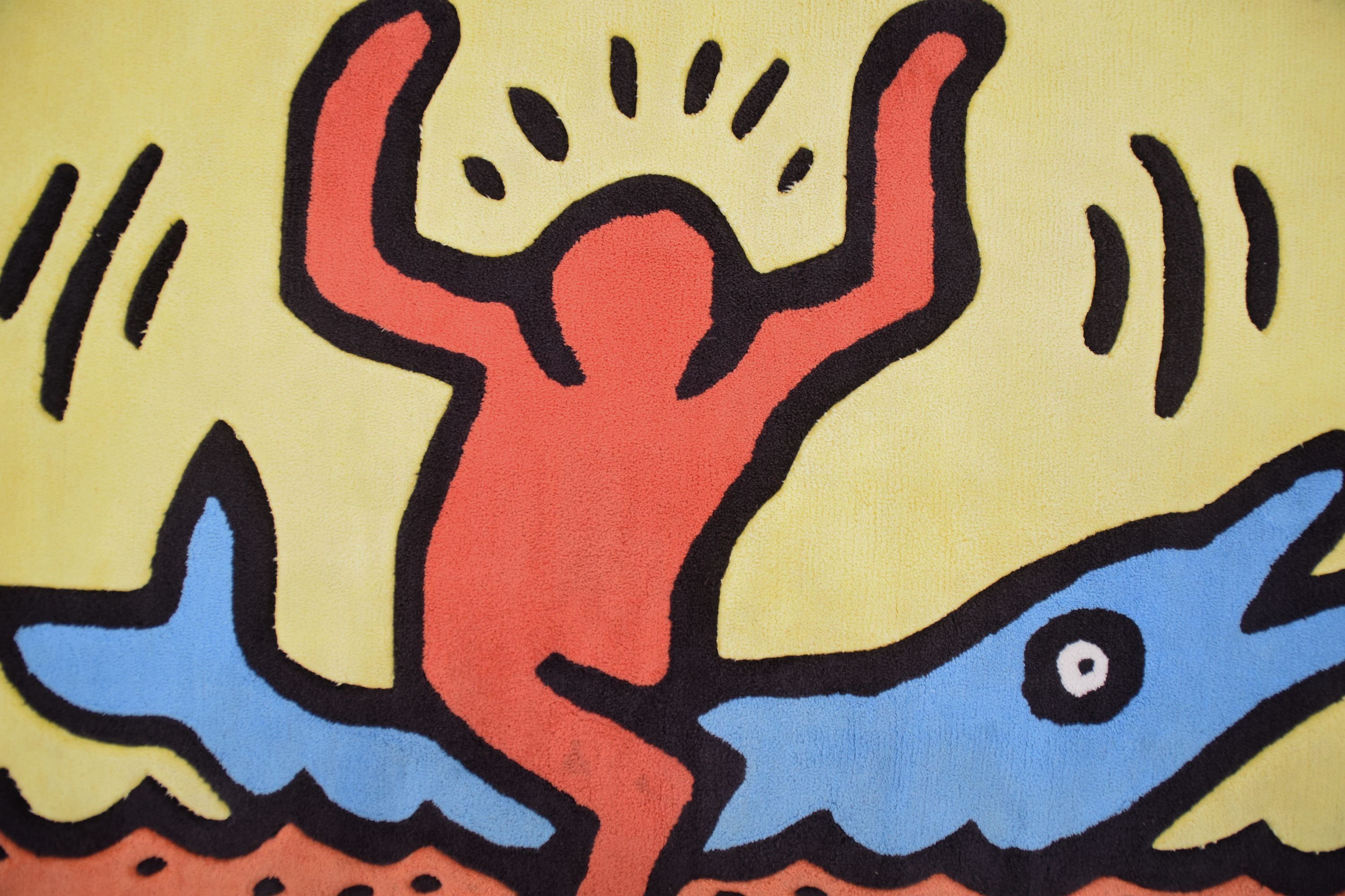 Tapis vintage 'Dolphin Ride' conçu par Keith Haring, années 1990.
