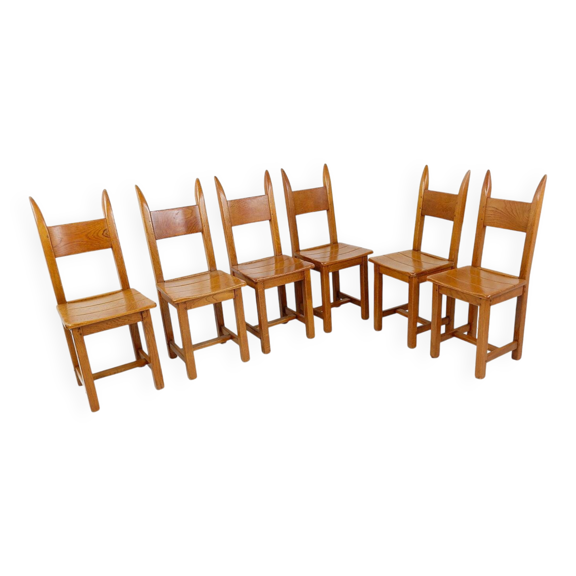 Ensemble de 6 chaises en chêne brutalistes - années 1970