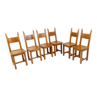 Ensemble de 6 chaises en chêne brutalistes - années 1970