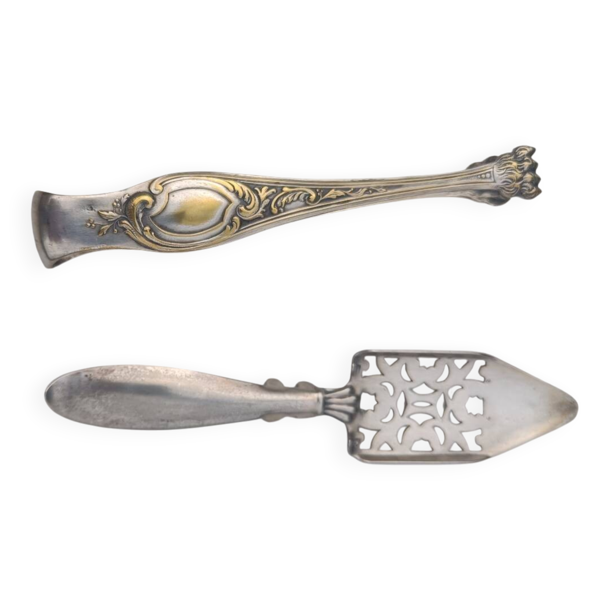 Absinthe spoon and tongs in silver-plated metal with hallmark