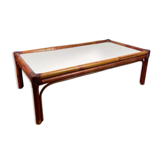 Table basse bambou et plateau miroir années 70