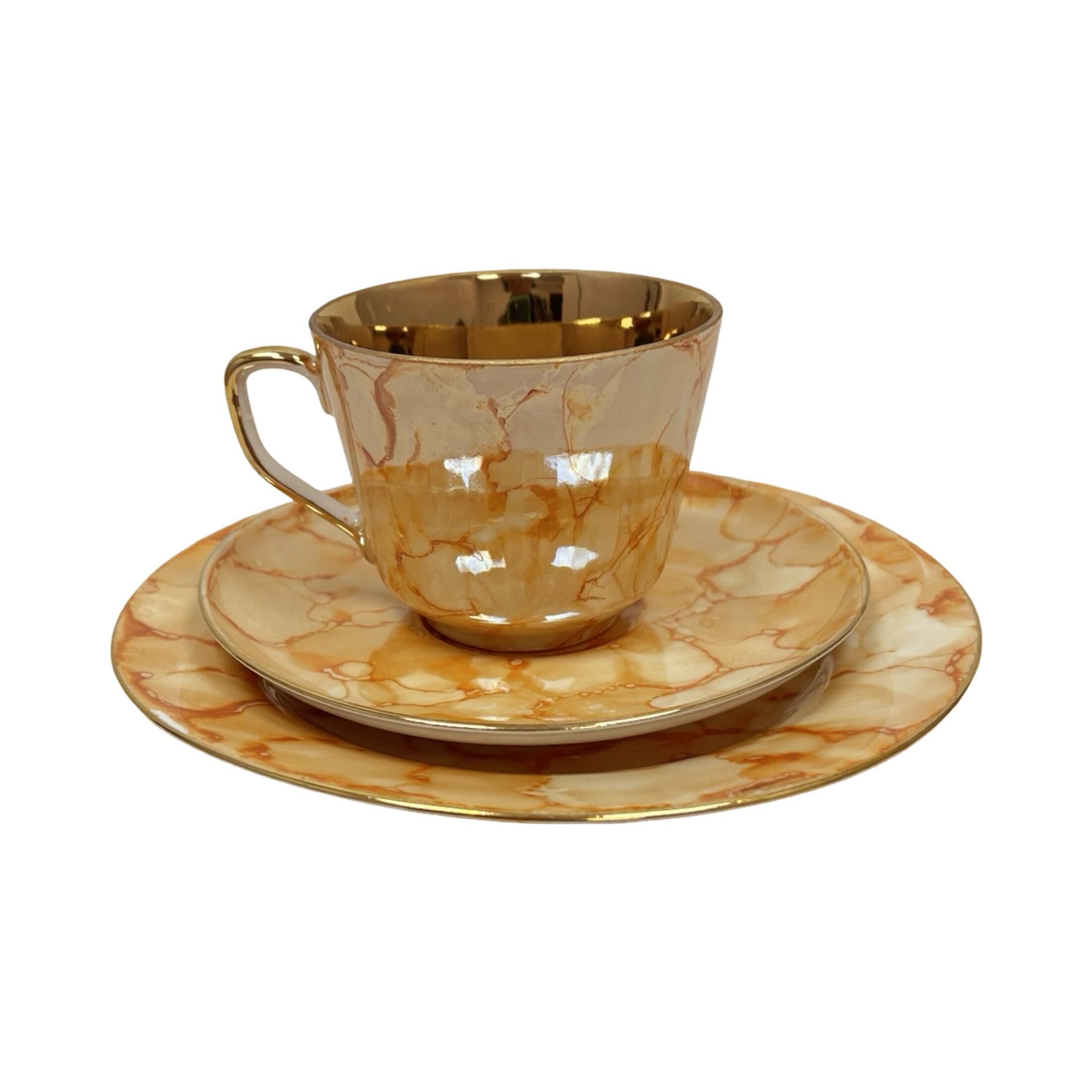 Ensemble de petit-déjeuner "Trio" de Chodzież – design marbré doré, époque PRL (années 1970).