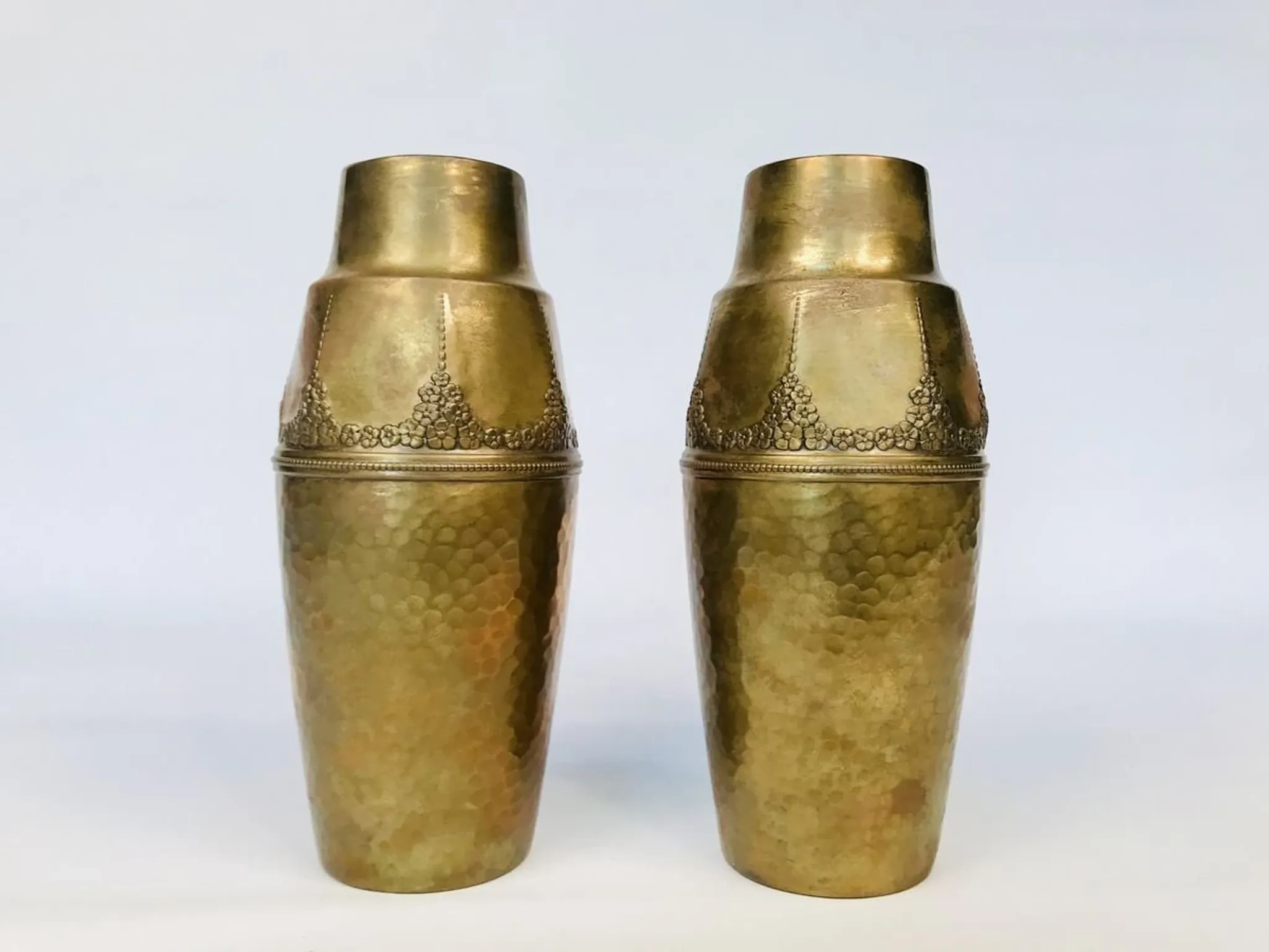 Art Nouveau Wrought & Hammered Brass Vases from WMF Germany 1920s, Set of 2