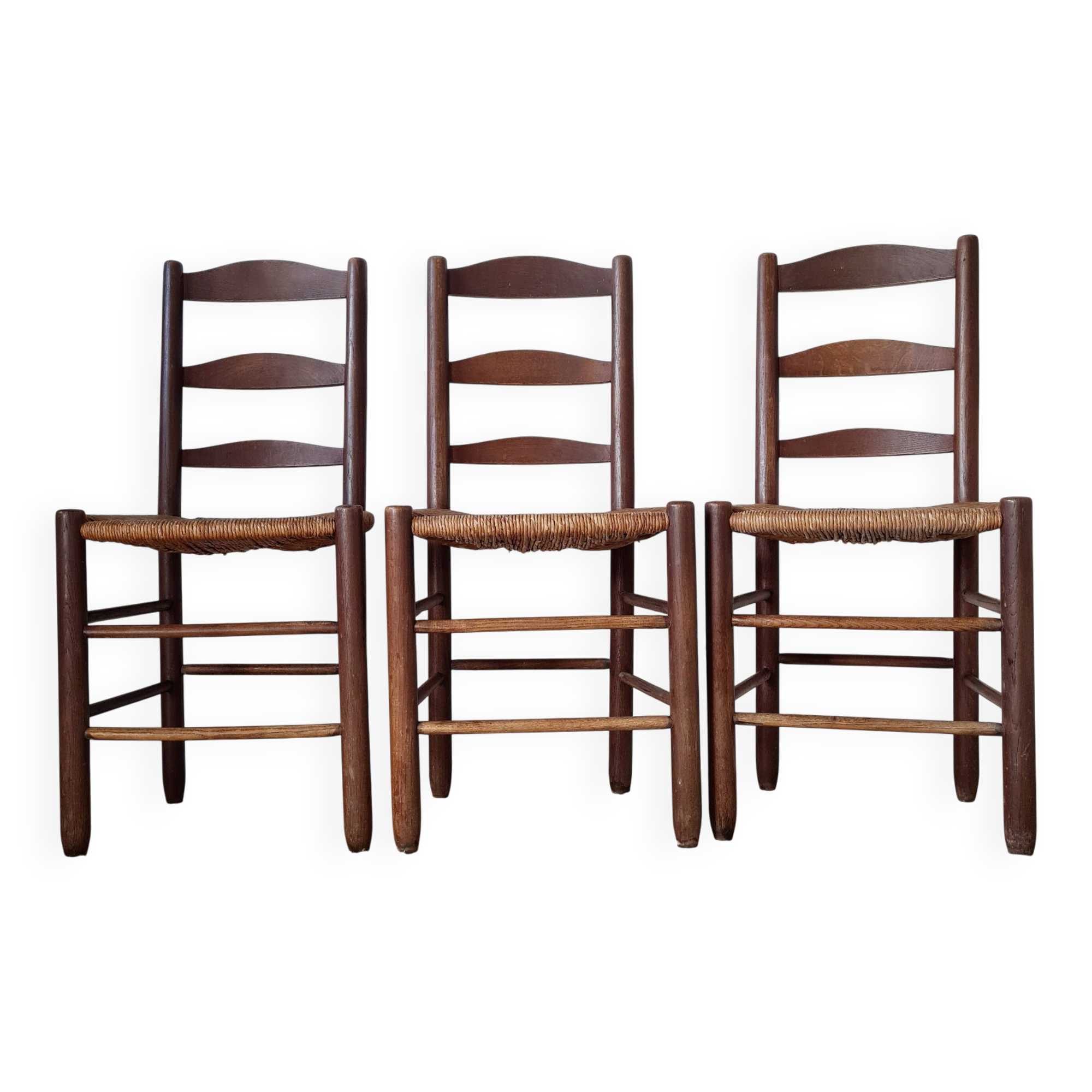 Set of 3 wooden and straw chairs - brutalist look