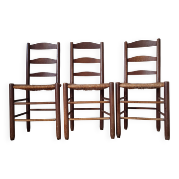 Lot de 3 chaises en bois et paille - look brutaliste