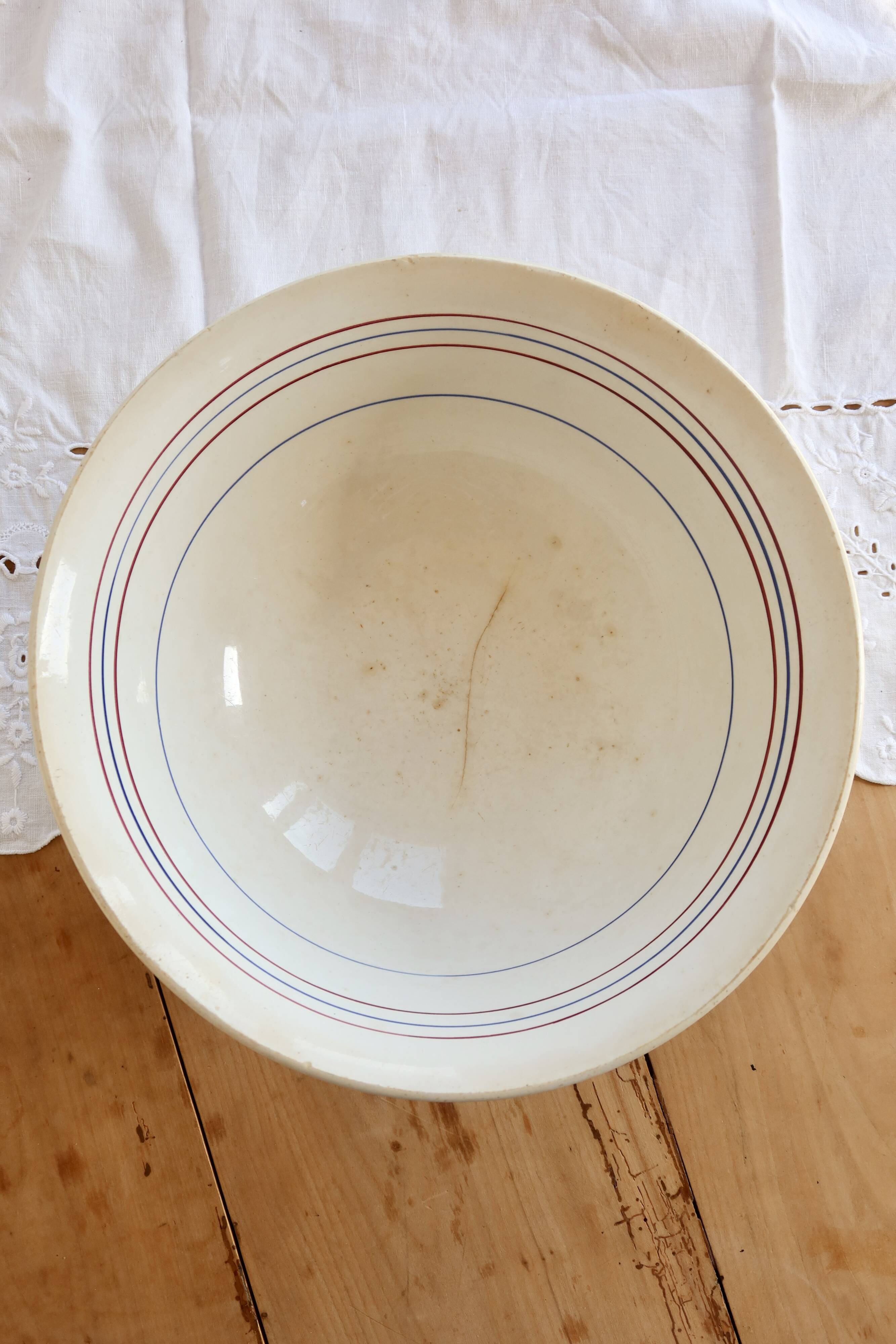 Old earthenware salad bowl Céranord Saint-Amand – Red and blue rim
