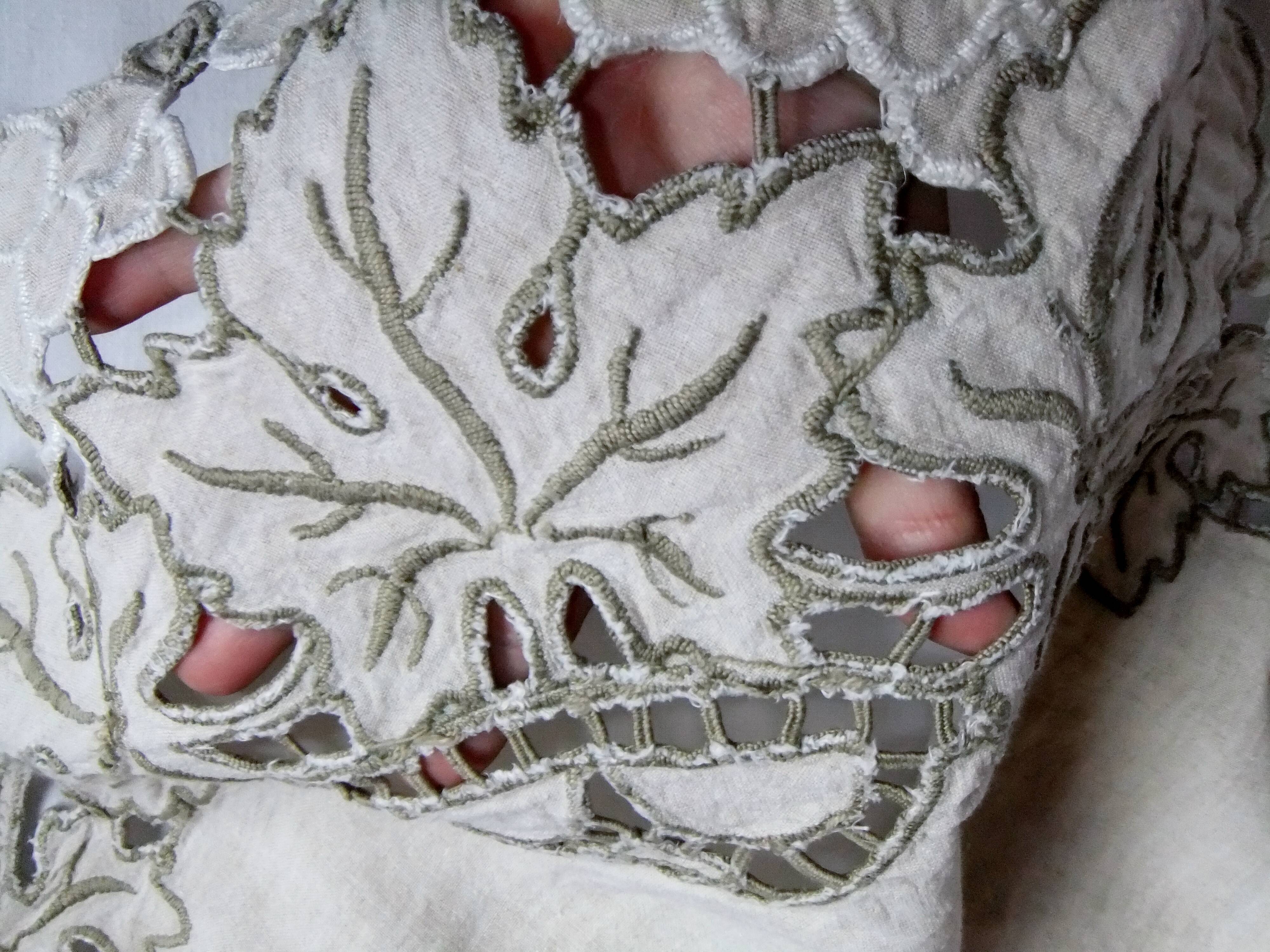 Antique linen tablecloth embroidery Richelieu scalloped linen centerpiece 128 cm