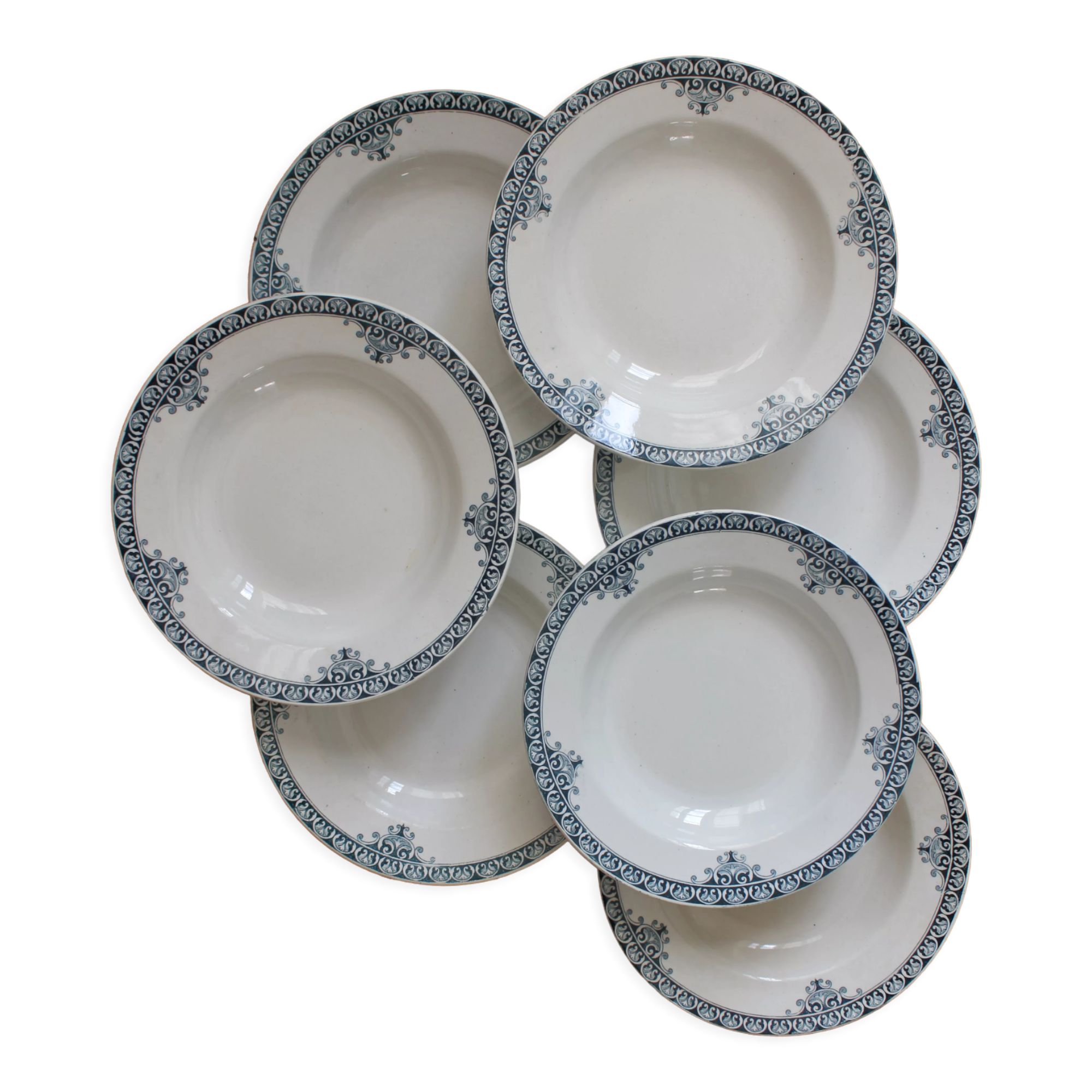 7 ironstone soup plates from Adrianople, Saint Amand and Hamage