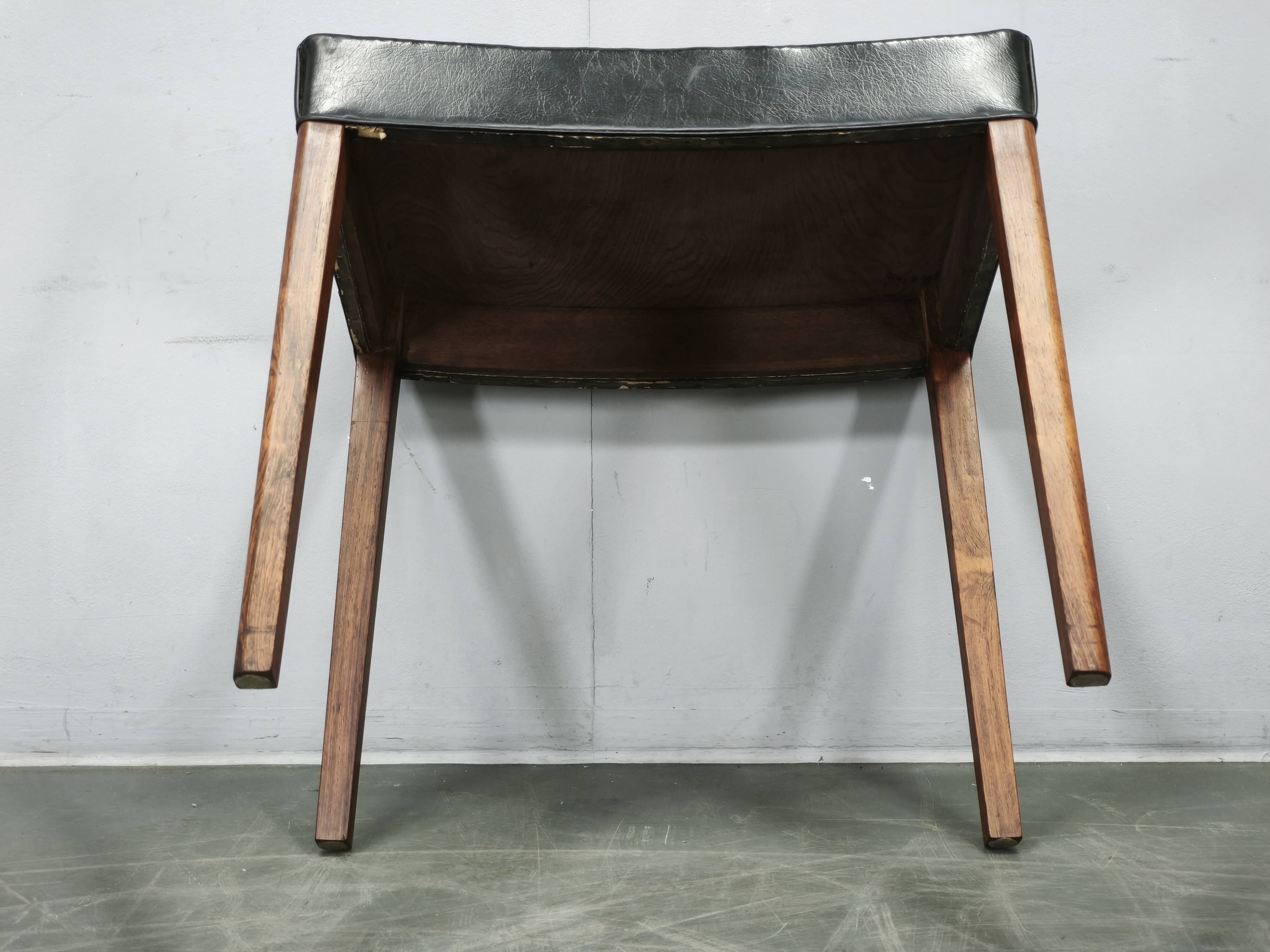 1960s Danish Modern Wood and Black Leather Stool