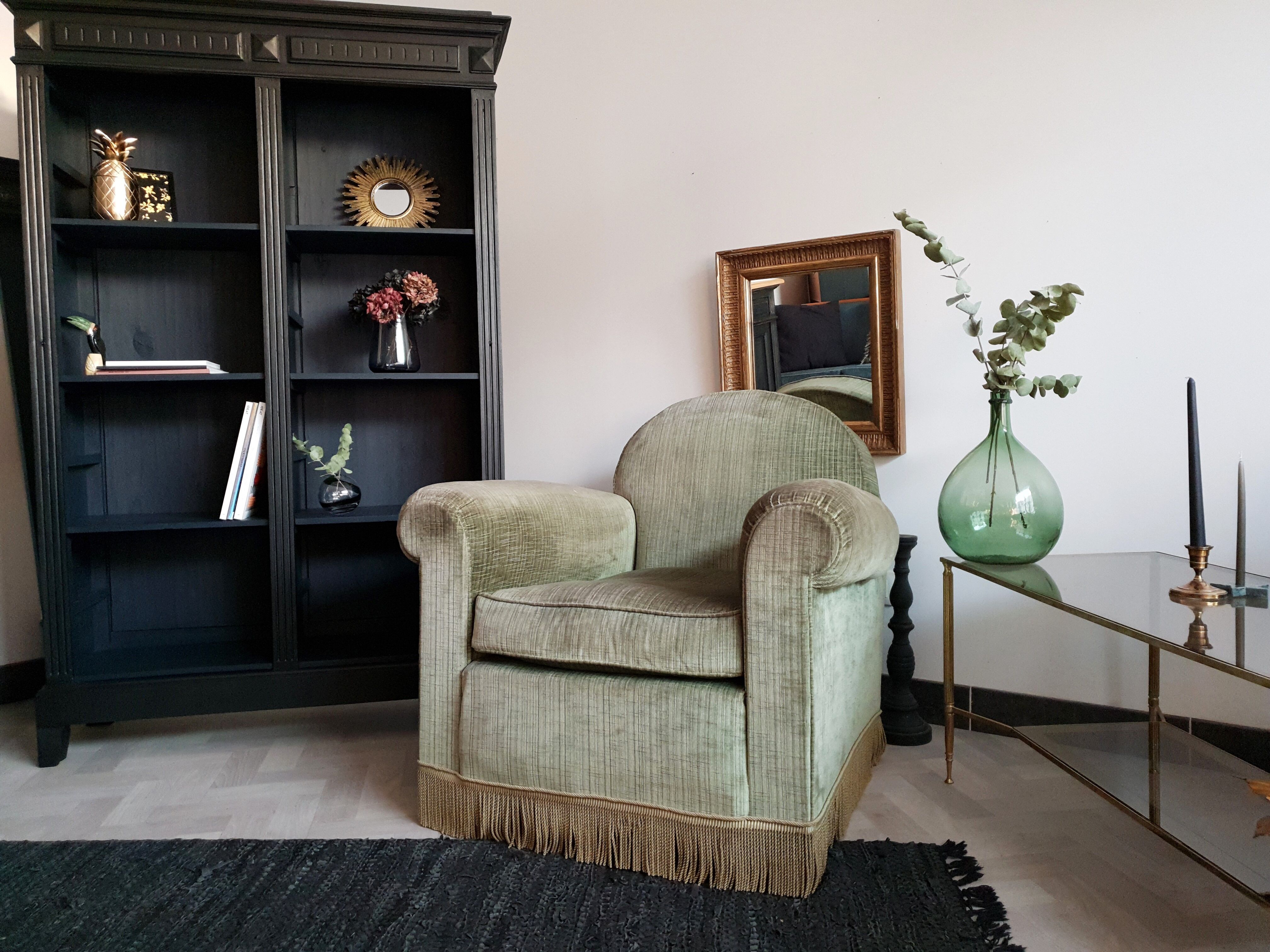 Fringed velvet armchair