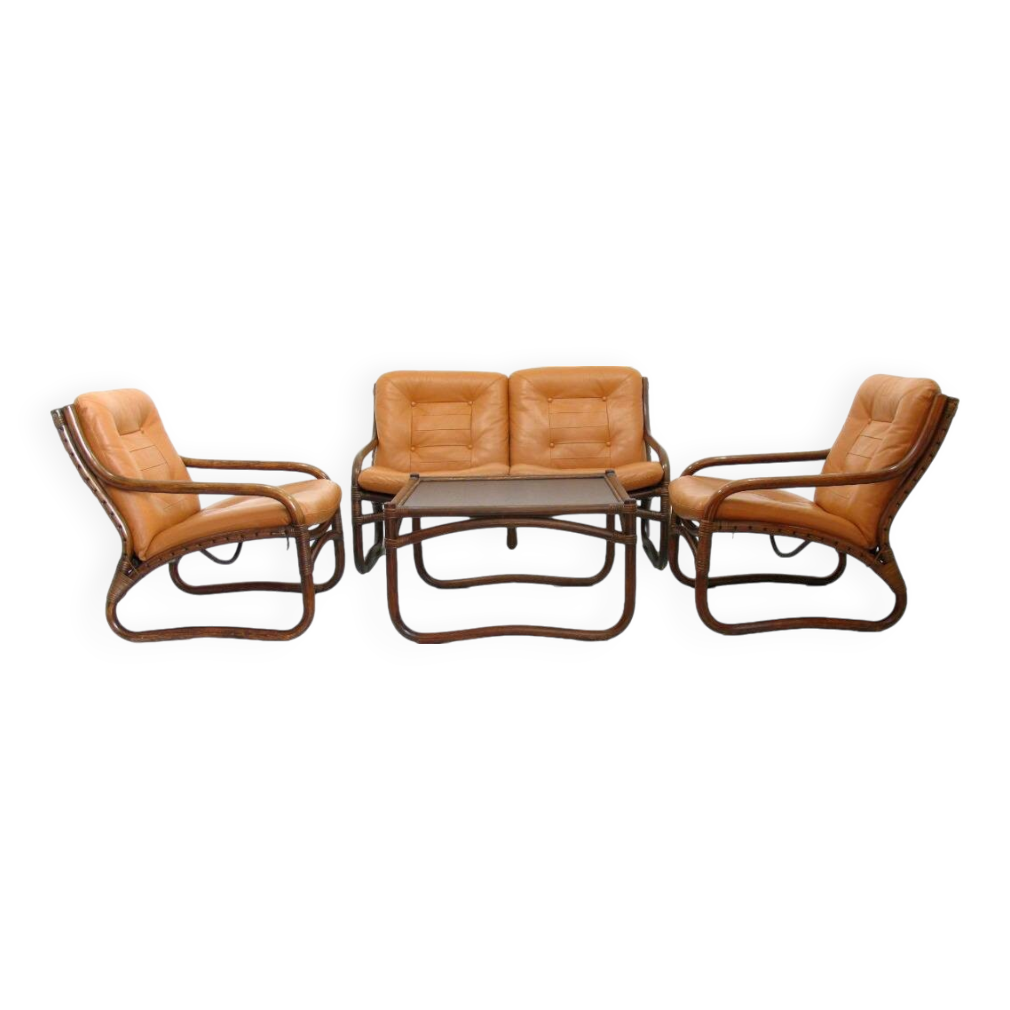 Italian Bamboo, Rattan, and Leather Living Room Set, 1970s