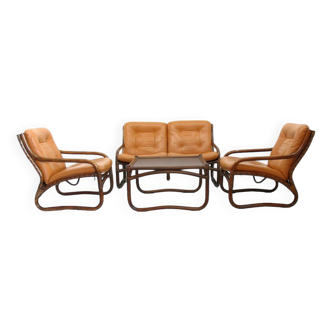 Italian Bamboo, Rattan, and Leather Living Room Set, 1970s