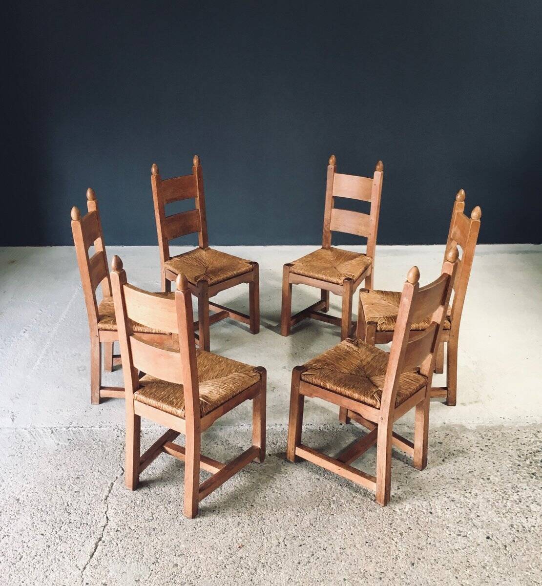 Handcrafted Oak and Rush Dining Chairs, Belgium, 1960s, Set of 6