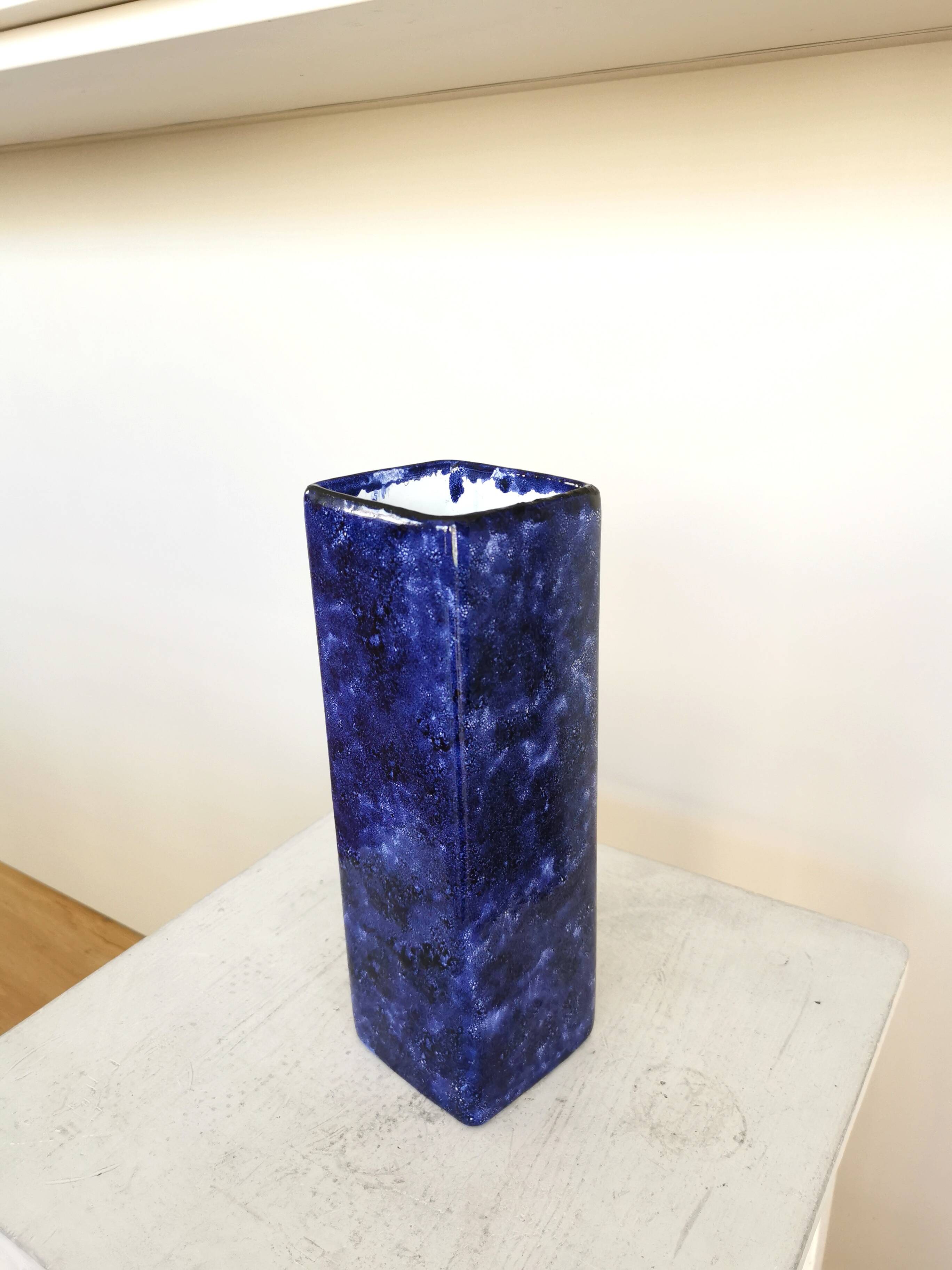 Vintage Blue Ceramic Vase: Hand-Painted Galaxy Glaze, 1970s Home Decor