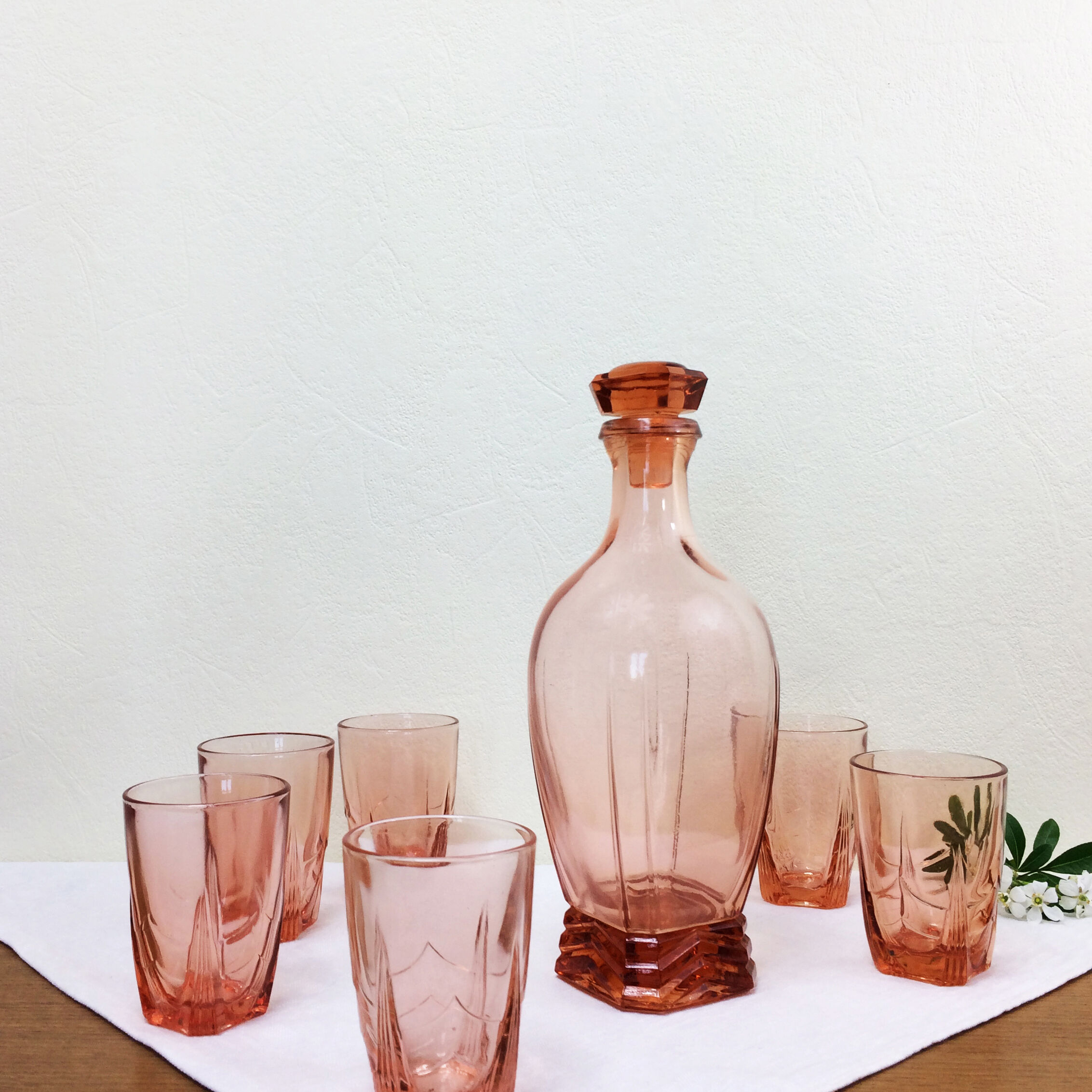 Art deco pink glass water service