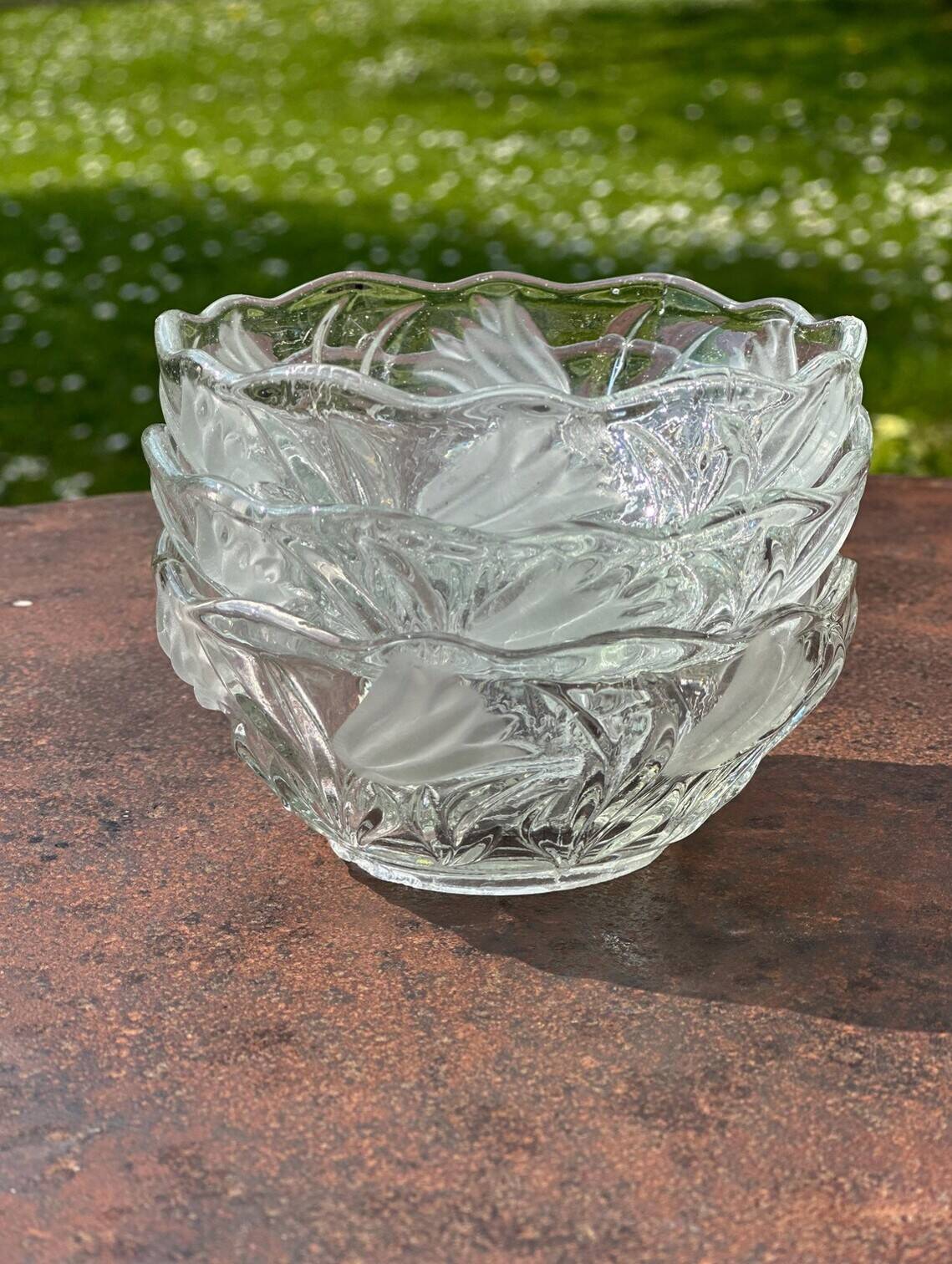 lot of 3 small pressed glass bowls with frosted tulip decoration